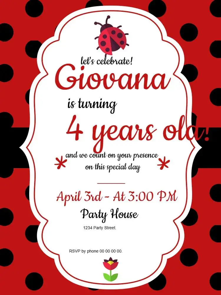 Invitation Ladybug Party – Kids' Birthday Party theme red and black, children's, bubbles, arabesque, fun, themed