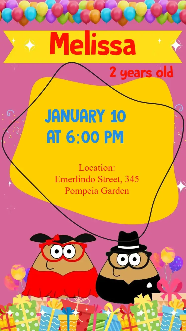 Invitation Pink Pou – Kids' Birthday Party theme vibrant colors, playful style, Pou game elements, childish design, pink theme, colorful details