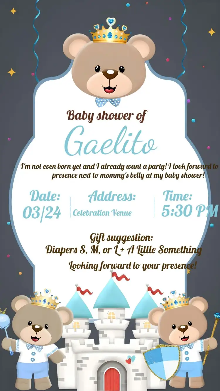 Invitation Baby Shower Little Prince White Bear – Diaper Shower theme blue and white, royalty, teddy bear, minimalist, playful, elegant