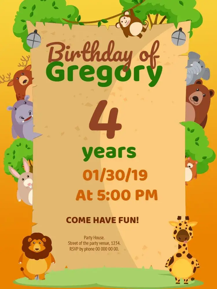 Invitation Custom Safari – Kids' Birthday Party theme jungle, animals, vibrant colors, adventure, safari theme, fun