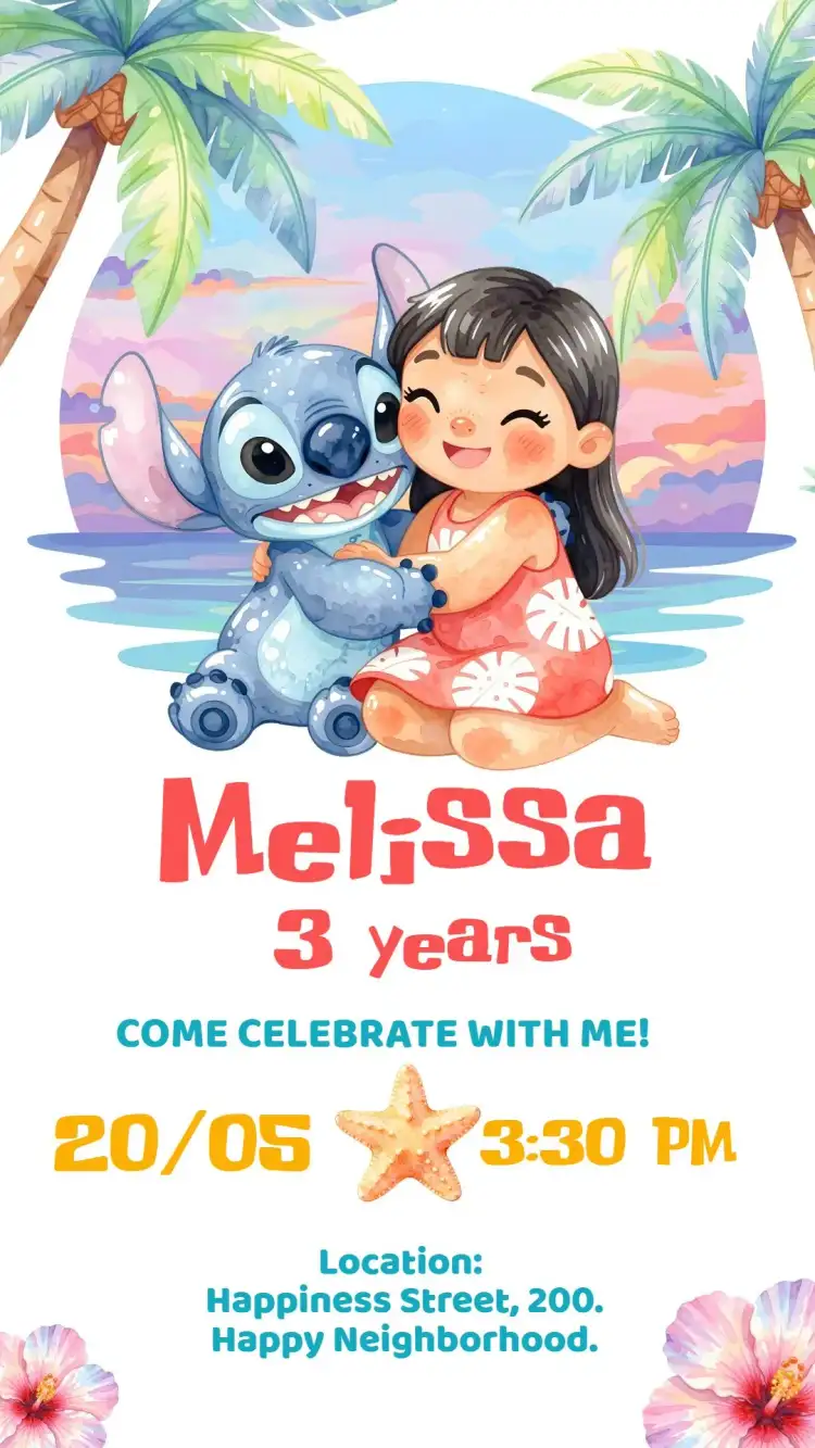Digital Invitation Lilo and Stitch Cute Watercolor