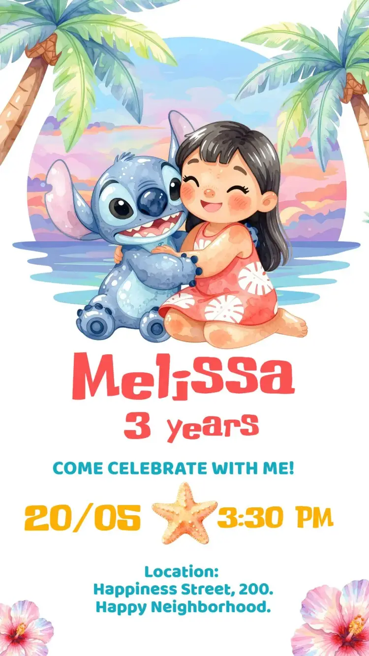 Digital Invitation Lilo and Stitch Cute Watercolor