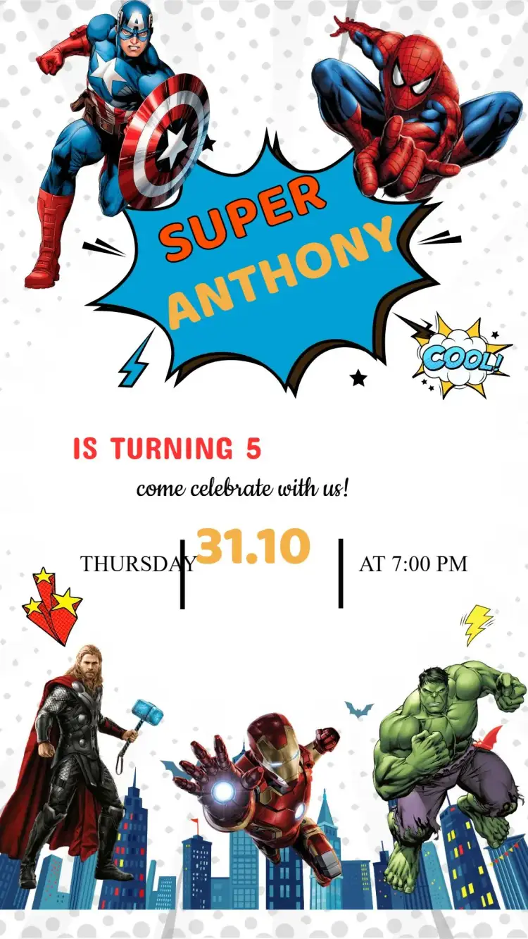 Invitation Avengers Birthday Invitation – Kids' Birthday Party theme colorful, superheroes-themed, modern, dynamic, vibrant, adventure-filled