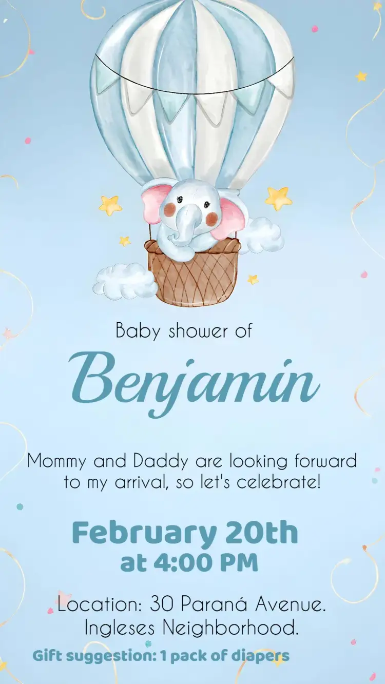 Invitation Elephant Balloon Safari Baby Shower – Most searched for theme safari, animals, balloons, blue and white, children's, fun