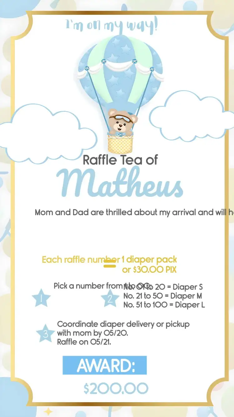 Invitation Tea Raffle Balloon Bear Tea – Raffle Tea theme blue, golden, teddy bear, balloons, childish, fun