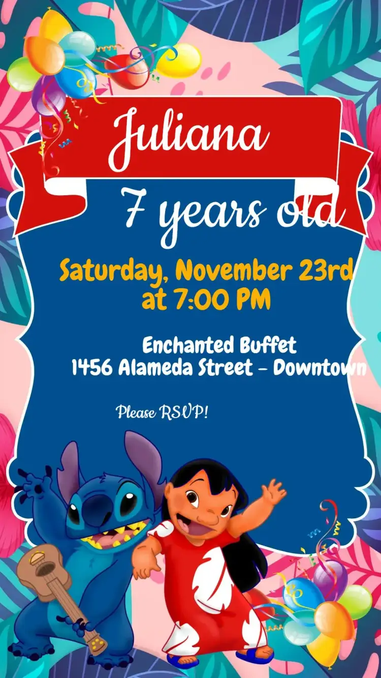 Invitation Lilo and Stitch – Kids' Birthday Party theme colorful, tropical, fun, Disney characters, modern