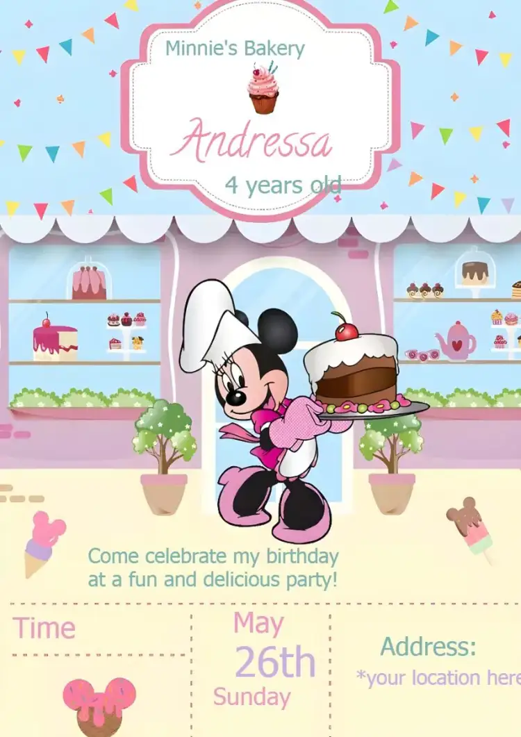 Invitation Minnie Mouse Green Bakery – Most searched for theme pastel colors, pastry theme, graphic elements of sweets, playful style, Disney-inspired