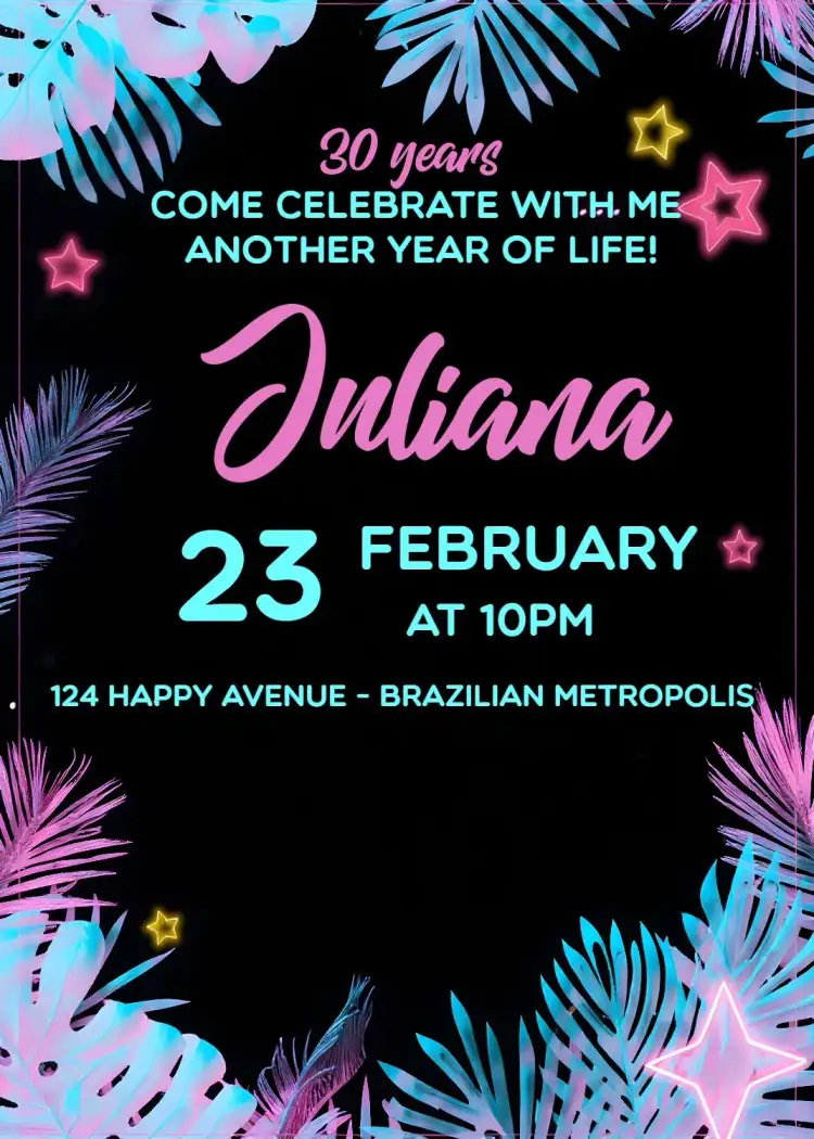 Invitation Female Leaves – Birthday theme foliage, modern, neon, feminine, vibrant