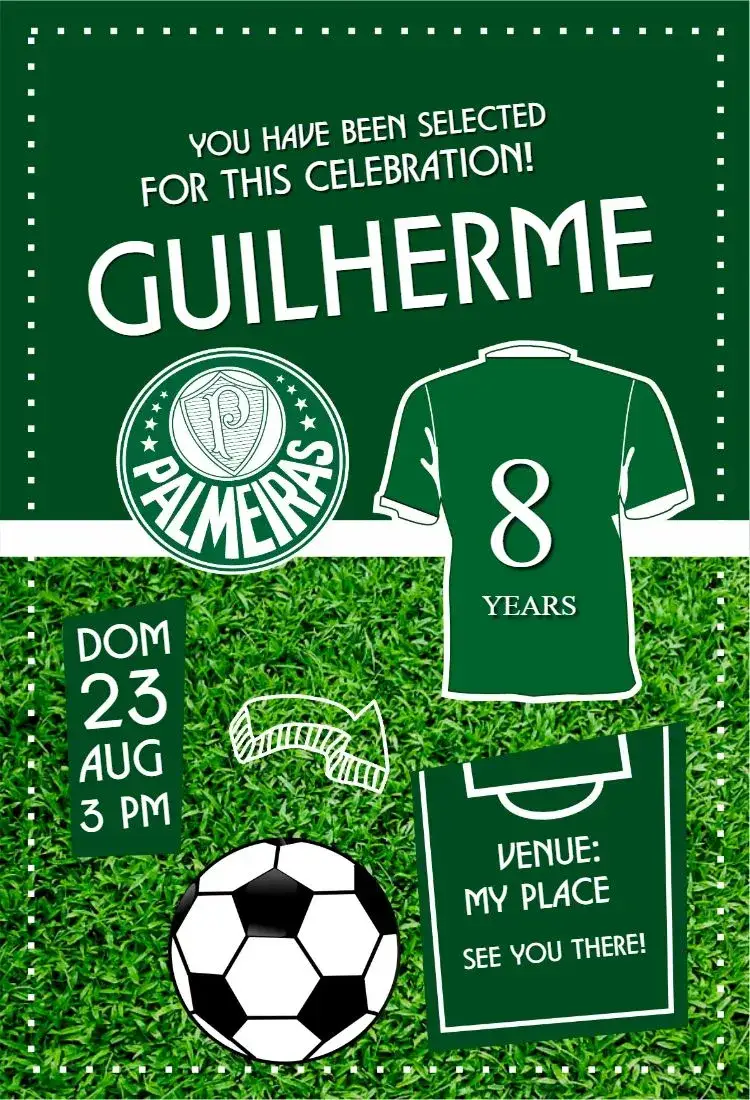 Invitation Palmeiras shirt – Birthday theme football, sports-themed, colorful, modern, themed