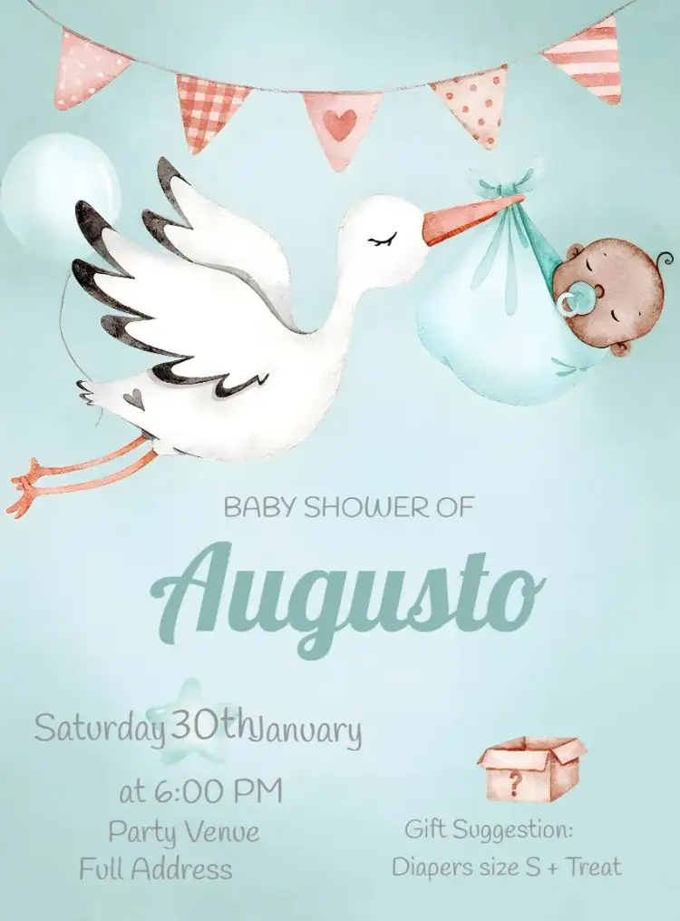 Invitation Stork Watercolor Diaper Baby Shower – Diaper Shower theme watercolor, pink and green, playful, childlike, delicate, festive