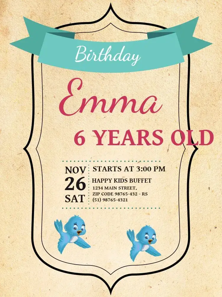 Invitation Children's Party With Dwarf Birds – Kids' Birthday Party theme vintage, playful, colorful, natural, delicate, fantasy