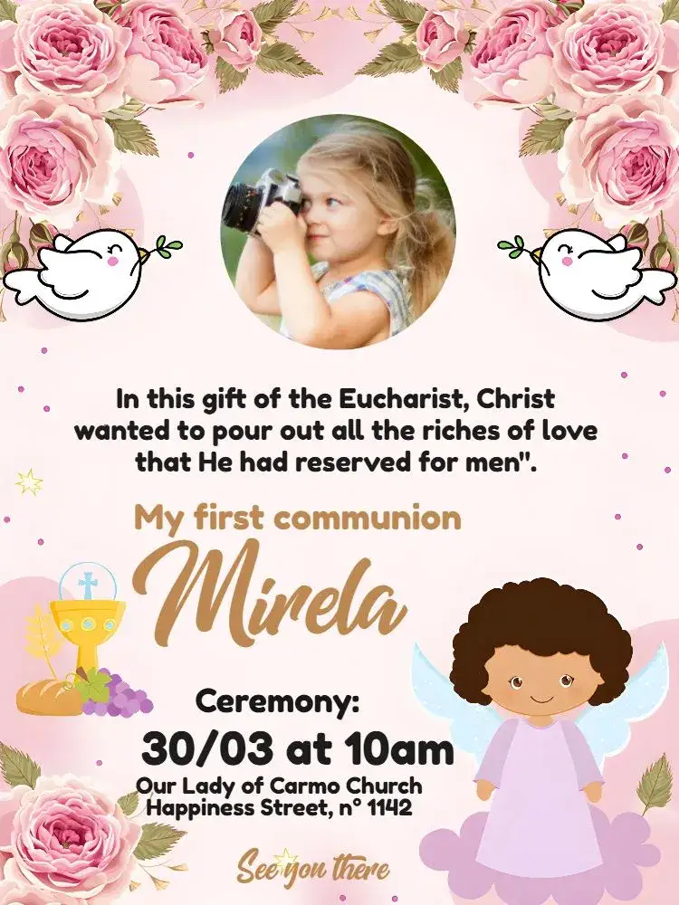 Invitation First Communion Floral With Girl Photo – First Communion theme floral, delicate, colorful, modern, childish