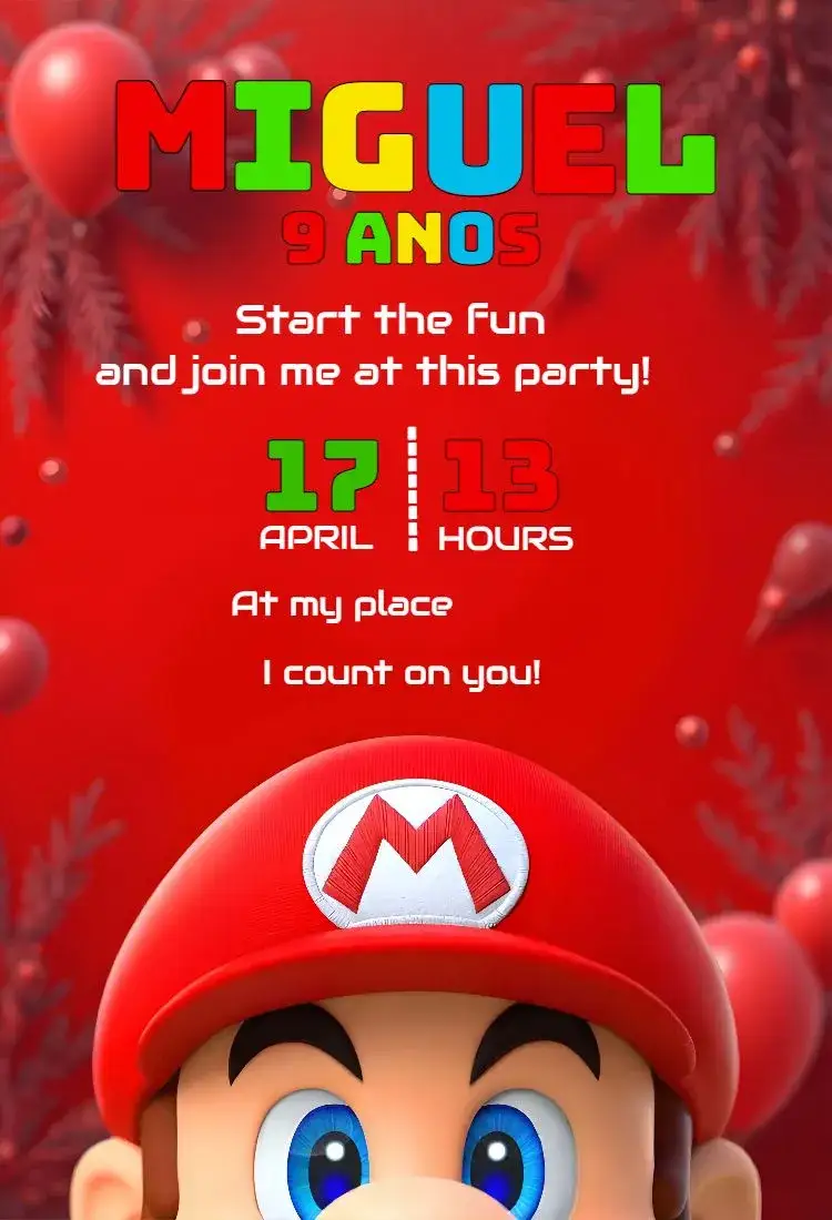 Invitation Super Mario Bros – Most searched for theme red, fun, games, childish, colorful, themed