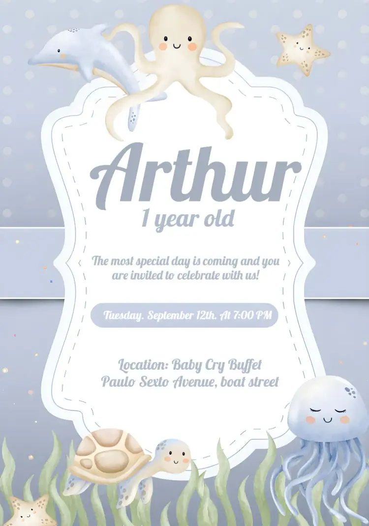 Blue Underwater Boy Fish Theme invitation