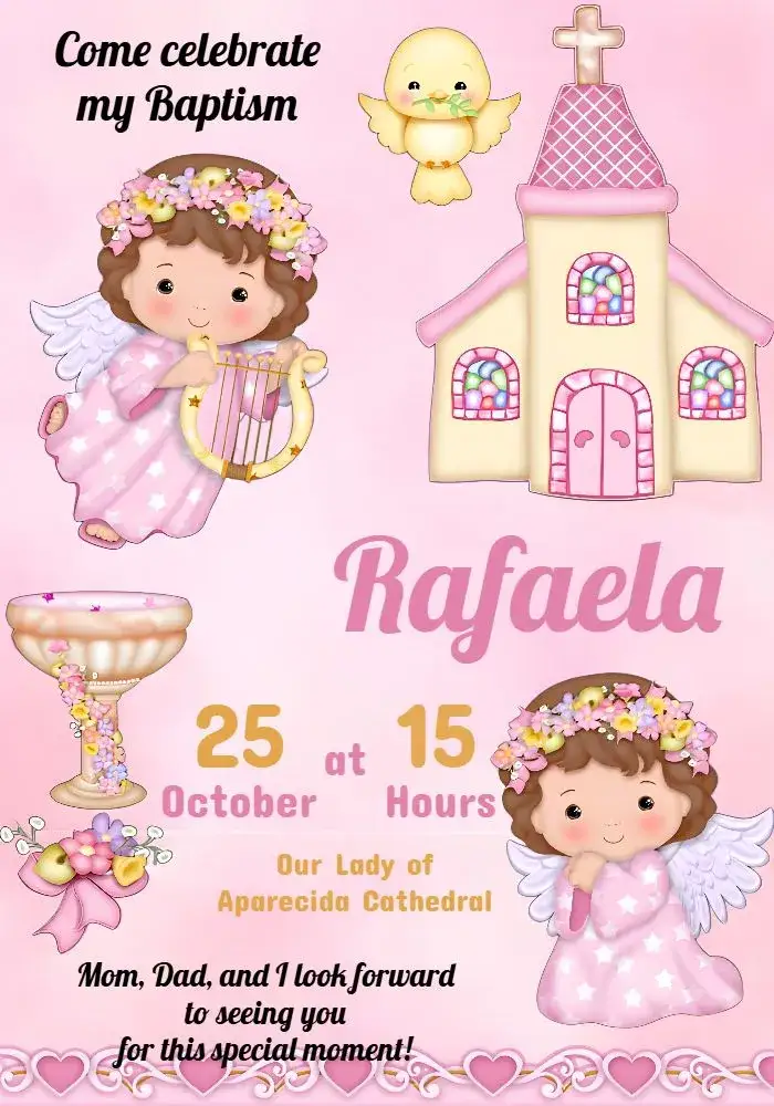 Invitation Baptism Girl Pink First – First Communion theme soft pink, little angels, delicate flowers, childlike, minimalistic, modern