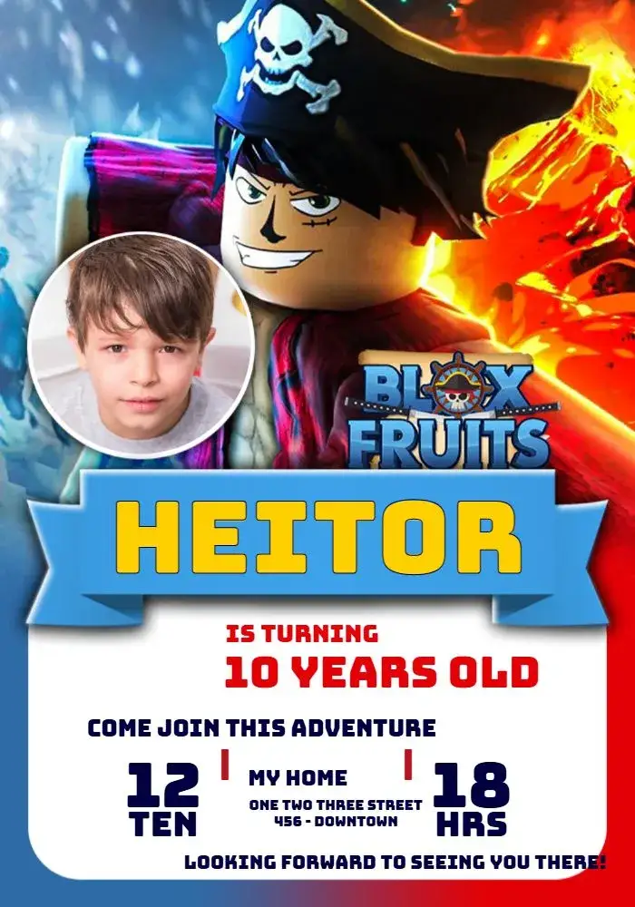 Invitation Blox Fruits With Gamer Photo – Kids' Birthday Party theme modern, colorful, gamer, pirate, fun