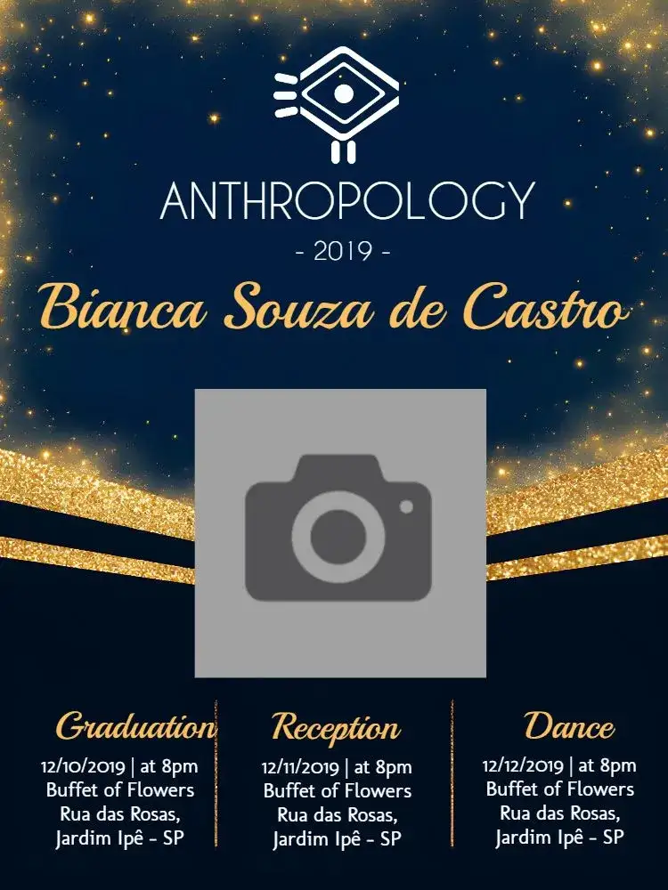 Invitation Anthropology Graduation With Anthropologist Photo – Graduation theme blue, golden, glitter, modern, elegant