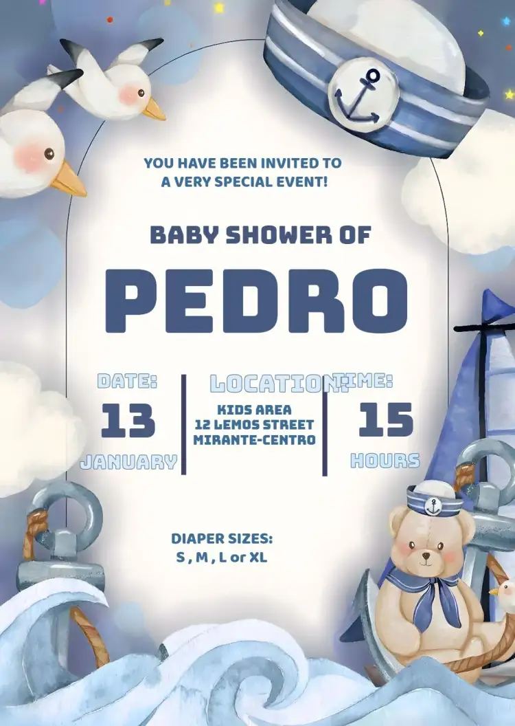 Invitation Sailor Watercolor Baby Shower – Diaper Shower theme aquarela, marinheiro, minimalista, azul, infantil, naval