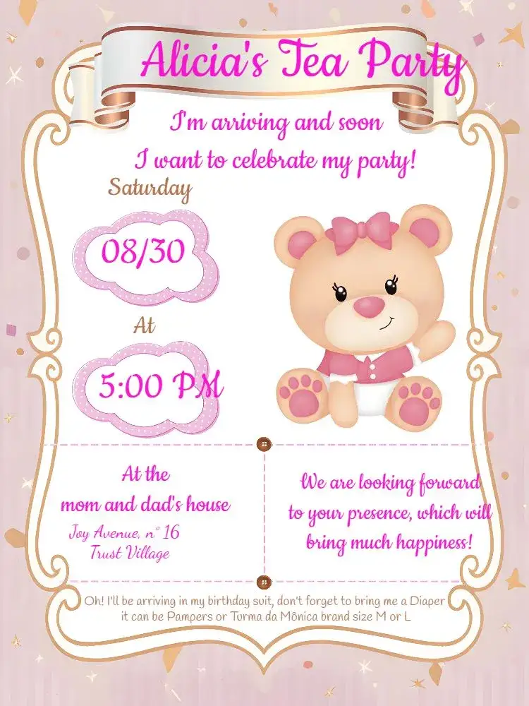 Invitation Golden Teddy Bear Baby Shower – Diaper Shower theme golden, pink, white, cute, delicate, elegant