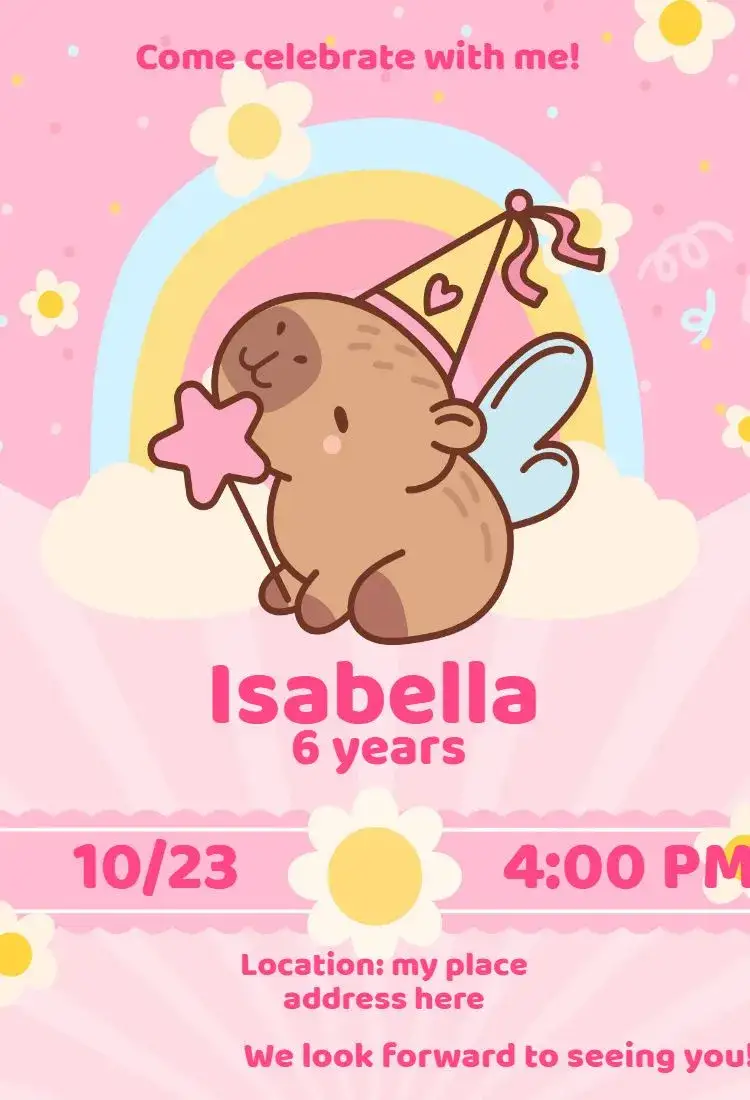 Invitation Capivara Pink Fairy Girl – Kids' Birthday Party theme pink, fairy, princess, fantasy, playful