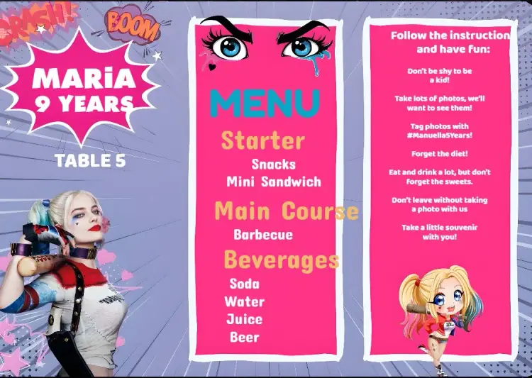 Menu Triangle Harley Quinn Menu invitation