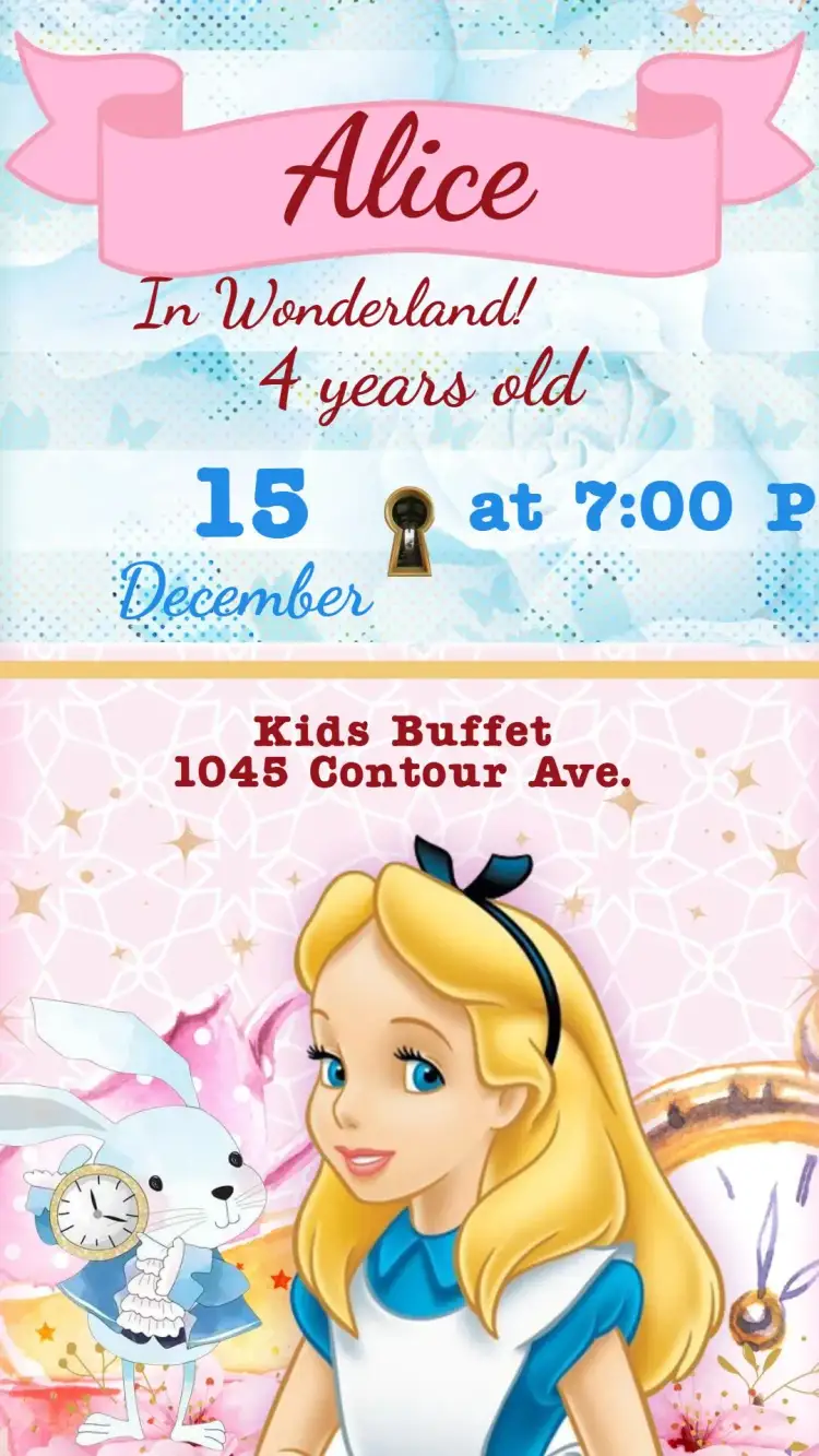 Invitation Alice in Wonderland – Kids' Birthday Party theme magical, colorful, fantasy, playful illustrations, vintage, whimsical