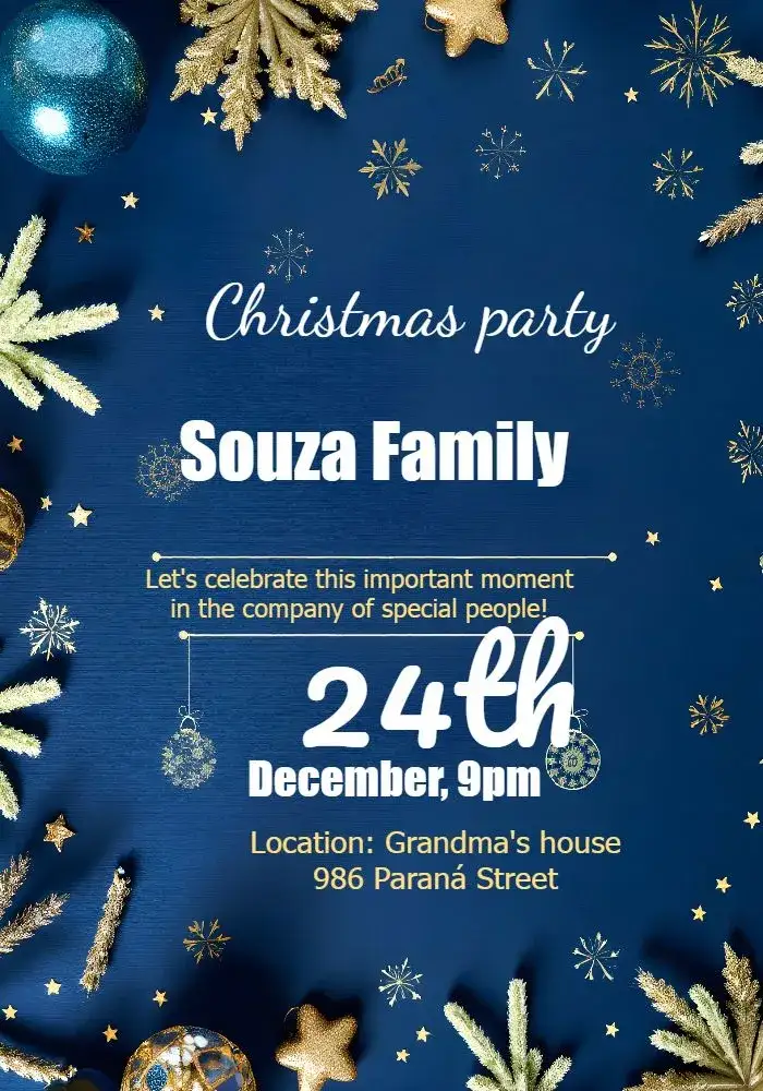 Invitation Blue And Gold Merry Christmas Party – Commemorative Dates theme blue, golden, elegant, modern, festive, sustainable