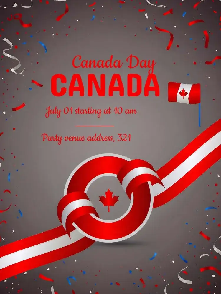 Invitation Canada Day Celebration – Commemorative Dates theme red and white, minimalist, modern, with graphic elements of the flag, festive, colorful