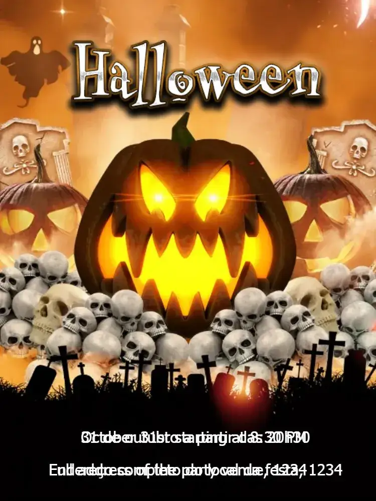 Invitation Halloween Day – Commemorative Dates theme black and orange, Halloween-themed graphics, fun design, festive style, witch graphics, skulls and pumpkins