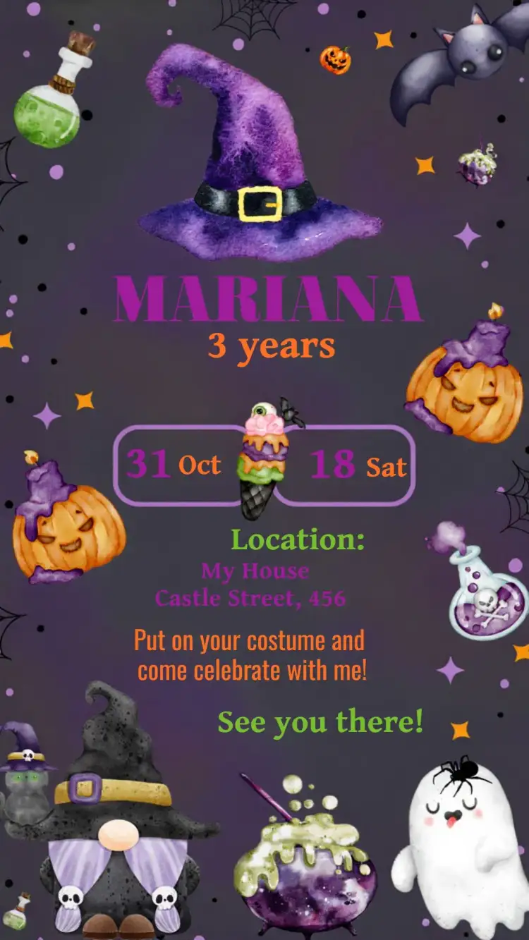 Invitation Halloween Das – Commemorative Dates theme vibrant colors, playful style, Halloween graphic elements, fun design, festive atmosphere, inspired by Halloween