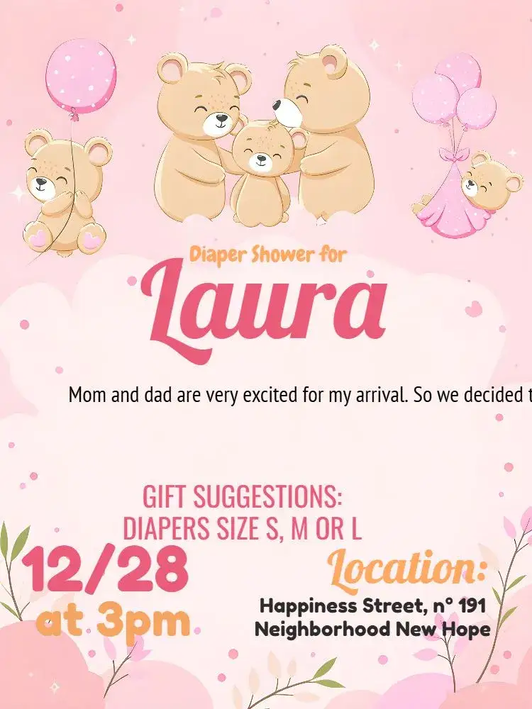 Invitation Balloon Bear Pink Diaper Tea Party – Diaper Shower theme pink, white, orange, playful, delicate, childlike