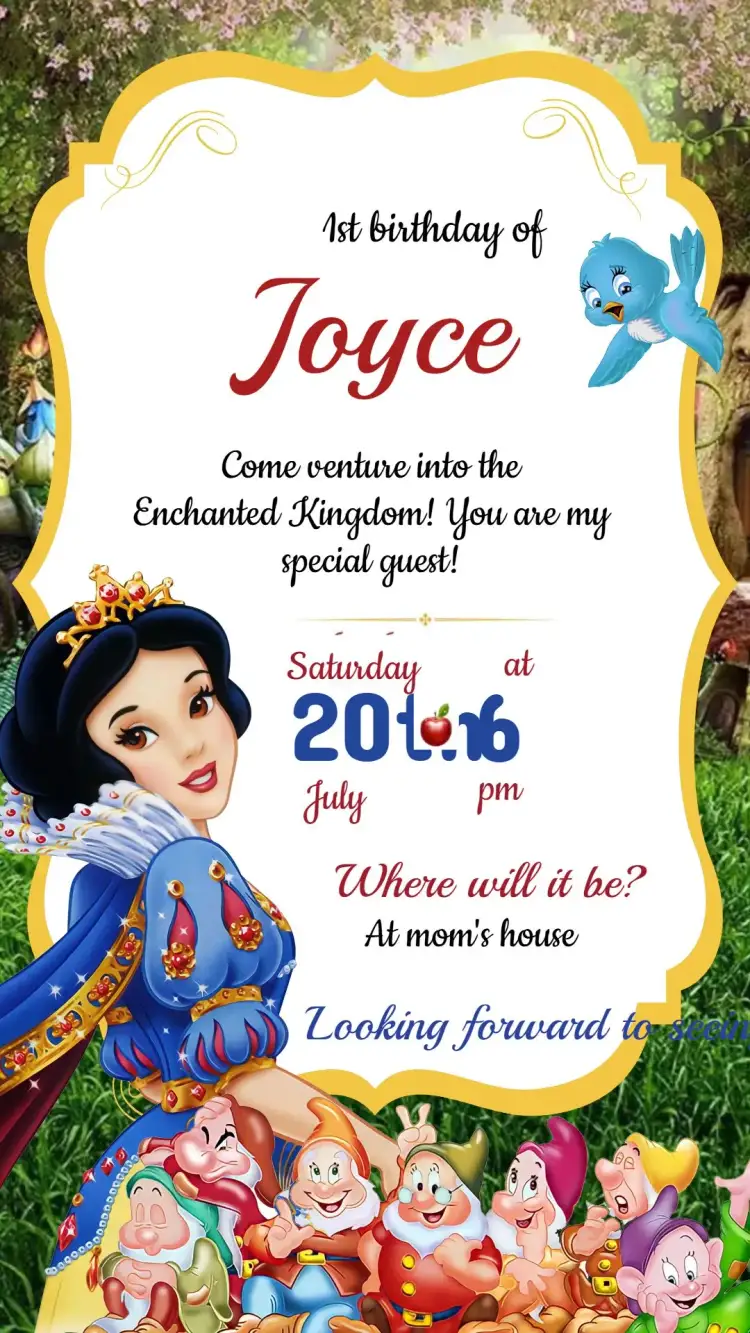 Invitation Snow White Birthday Invitation – Kids' Birthday Party theme soft colors, fantasy, childlike illustrations, playful style, forest elements, magical touch