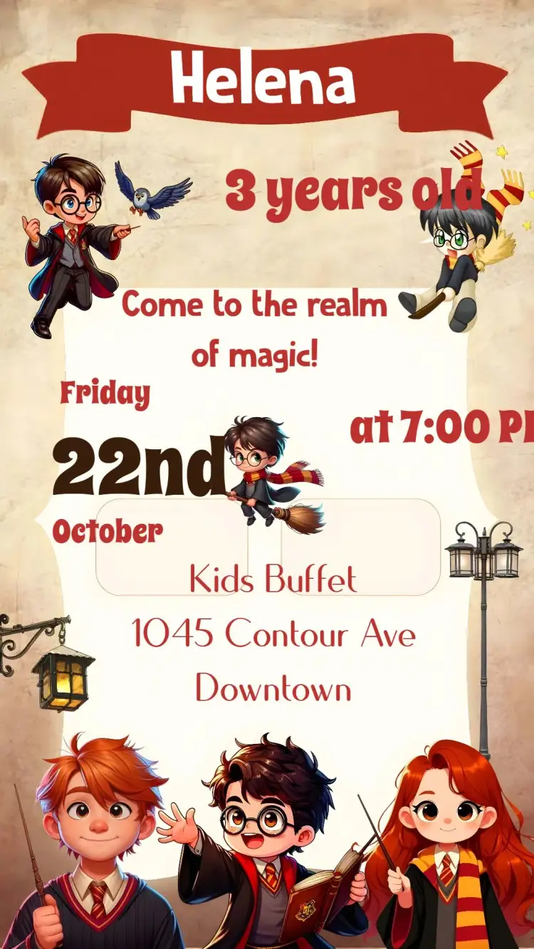 Invitation Harry Potter – Kids' Birthday Party theme magical, fantasy, colorful, fun-filled, adventurous, themed