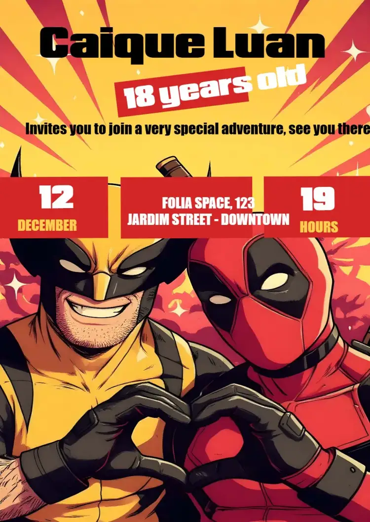 Invitation Deadpool X Wolverine Movie ā Commemorative Dates theme vibrant, modern, comic, heroic, colorful
