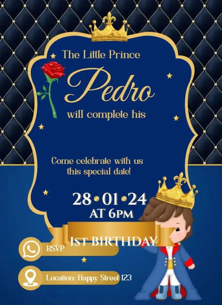 Invitation Royal Blue Prince – Kids' Birthday Party theme blue, royalty, children's theme, magical, fun, charming illustrations