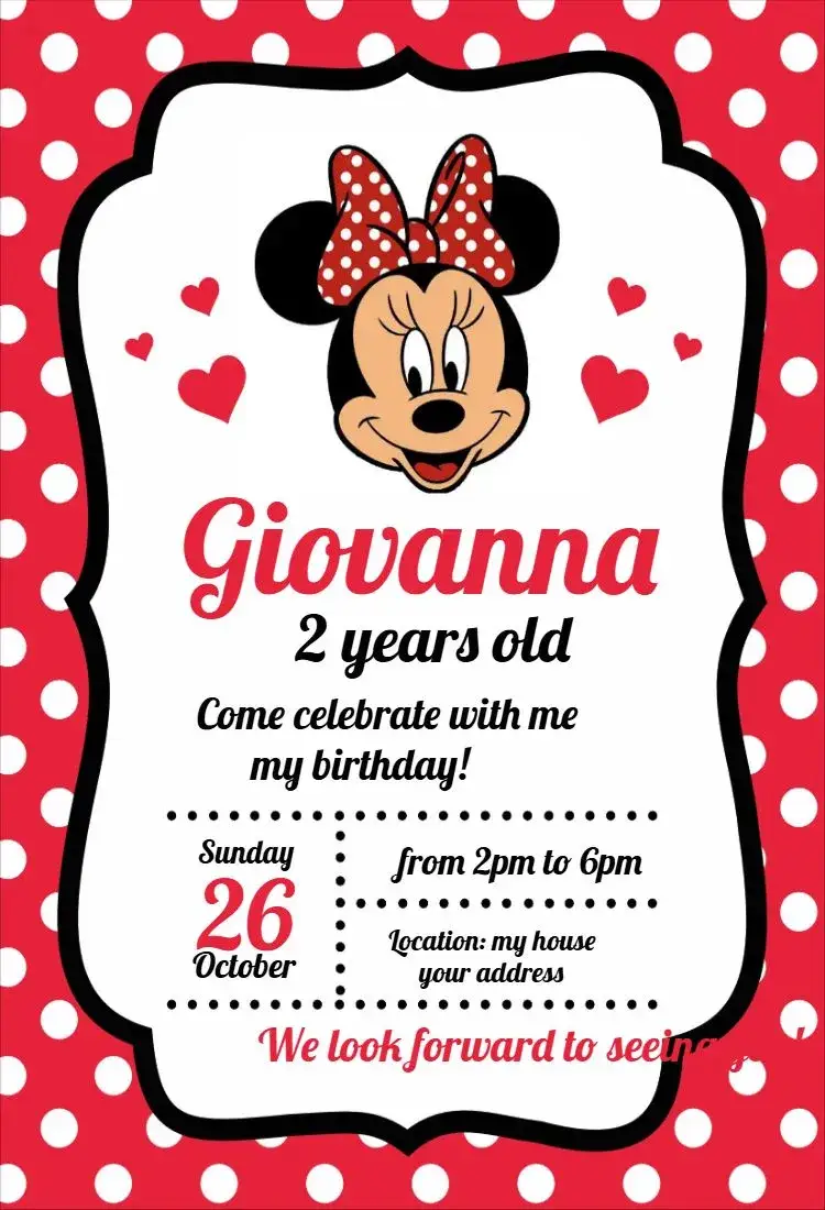 Invitation Red Minnie – Kids' Birthday Party theme red, black, white, playful, fun, childlike