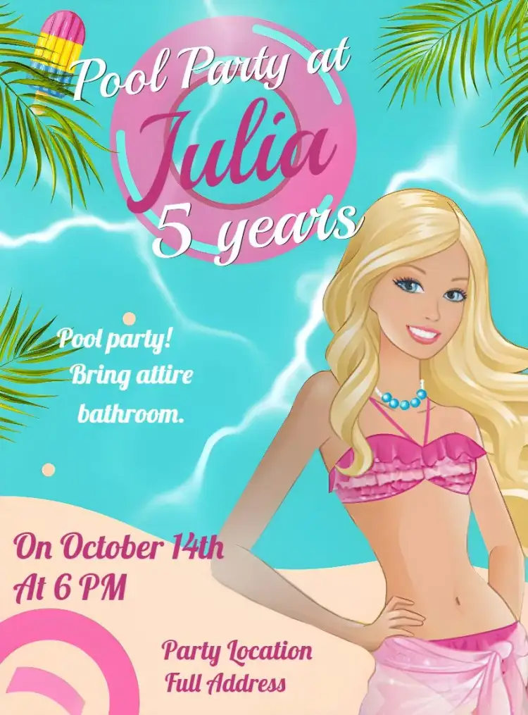 Invitation Barbie Pool Party Sunset – Most searched for theme pink, glitter, pool, sunset, fun, colorful