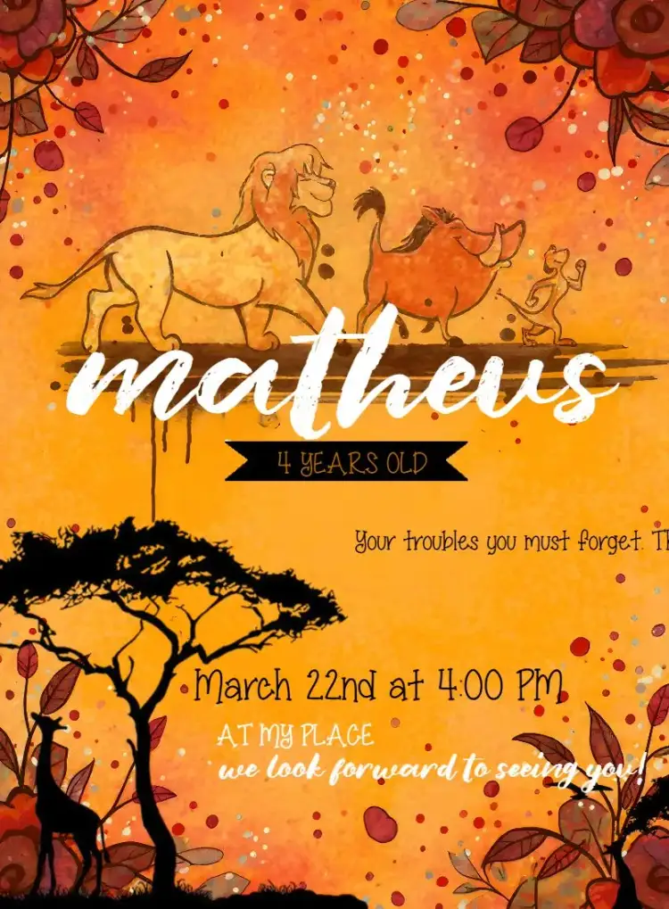 Invitation Timon Lion King – Kids' Birthday Party theme colorful, safari animals, adventure, fun, themed