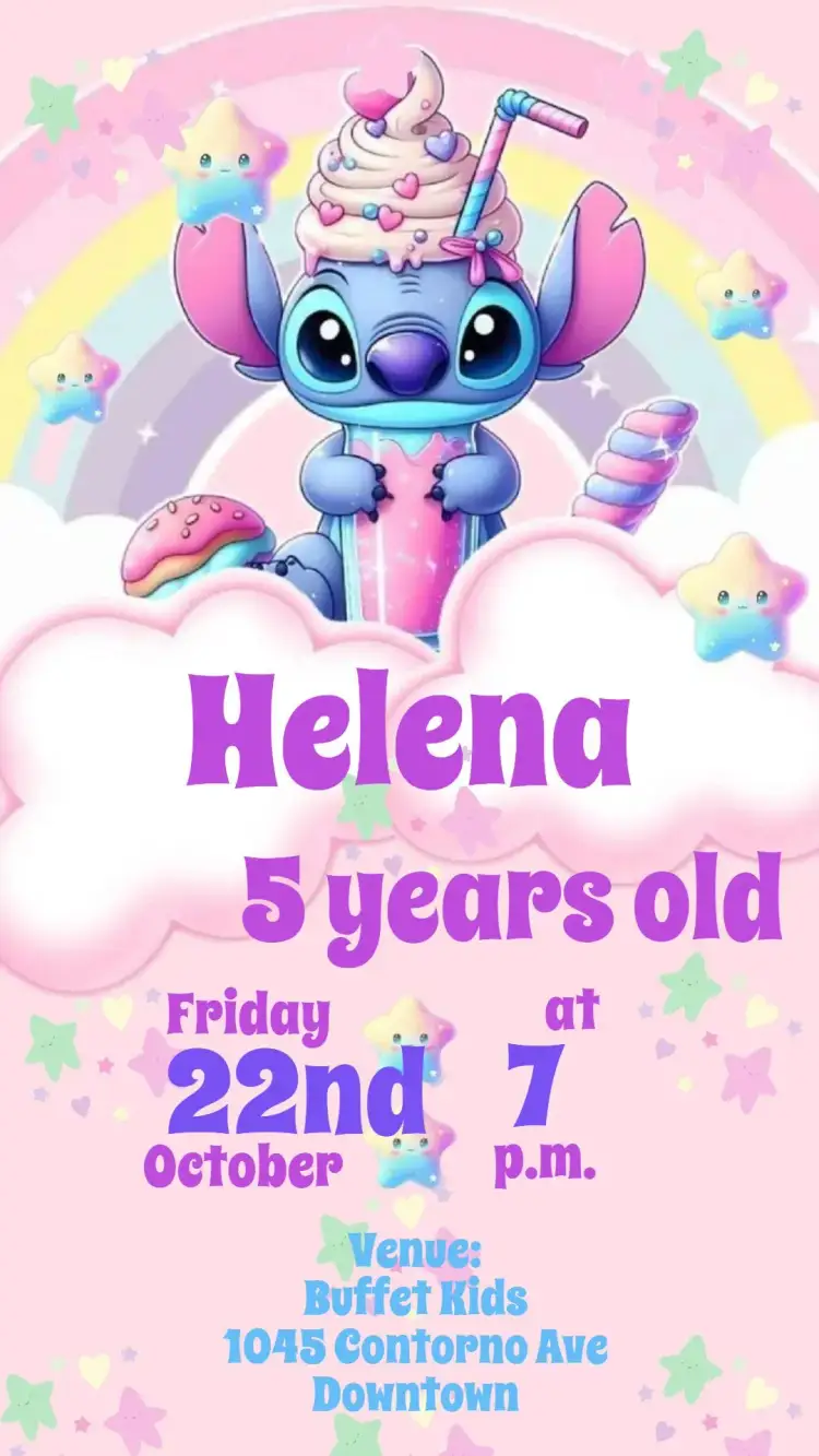 Invitation Stitch – Kids' Birthday Party theme colorful, themed, fun, childish, Disney, cheerful