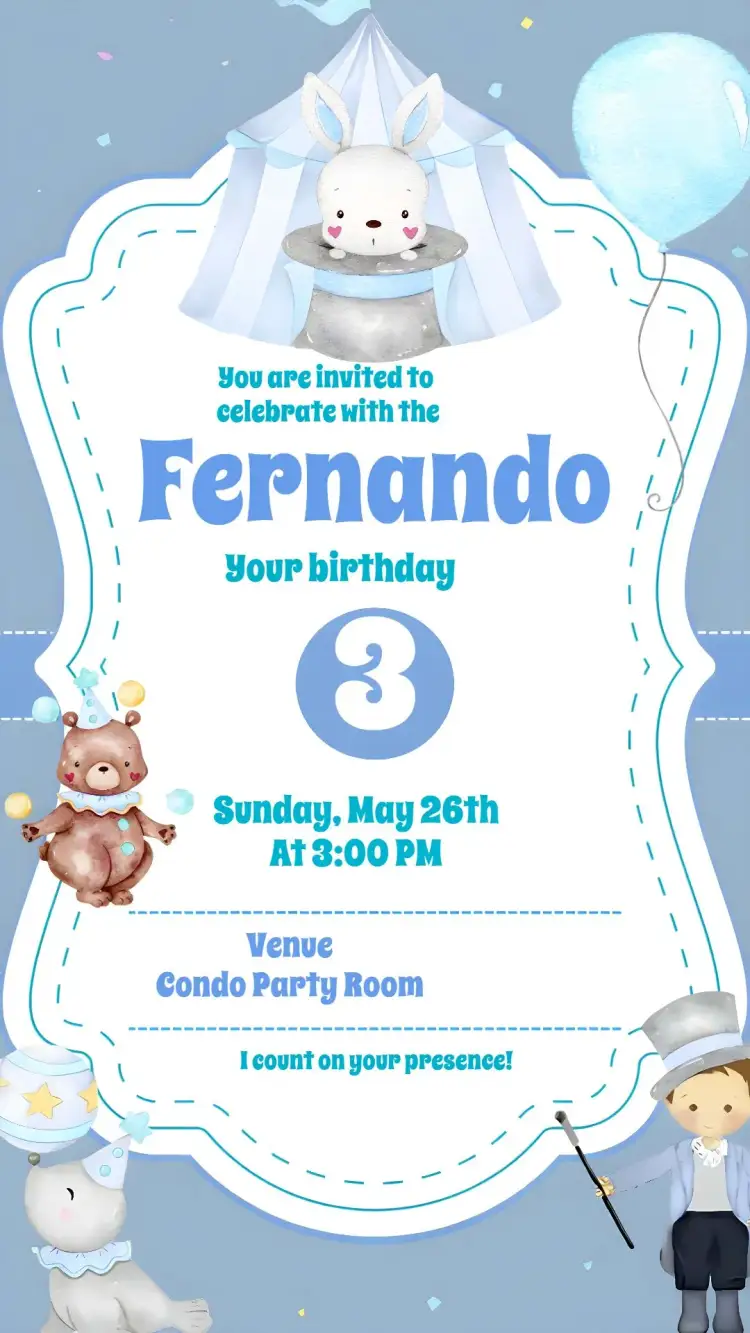 Invitation Circus Boy Watercolor – Kids' Birthday Party theme circus-themed, vintage-inspired, watercolor-themed, blue, fun illustrations