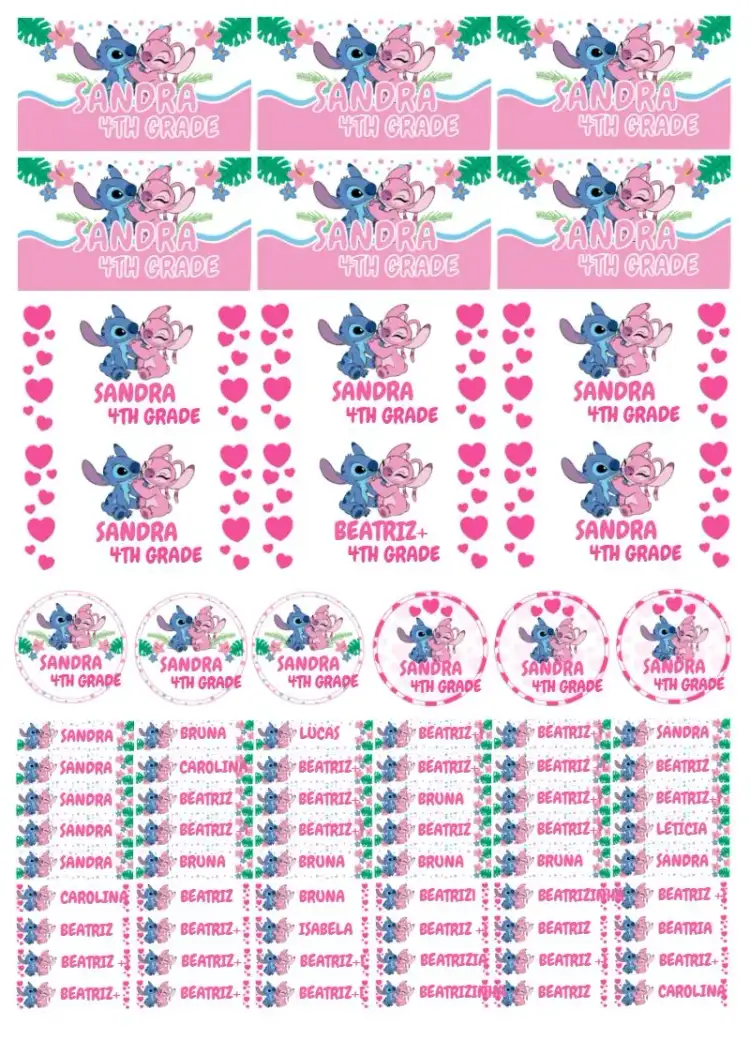 Stitch And Angel Pink School Label