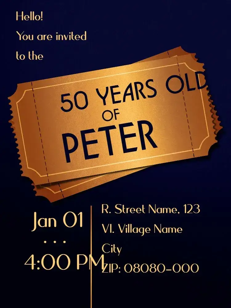 Invitation Virtual 50 Years - Cinema Theater – Kids' Birthday Party theme movies, theater, golden, blue, modern, fun