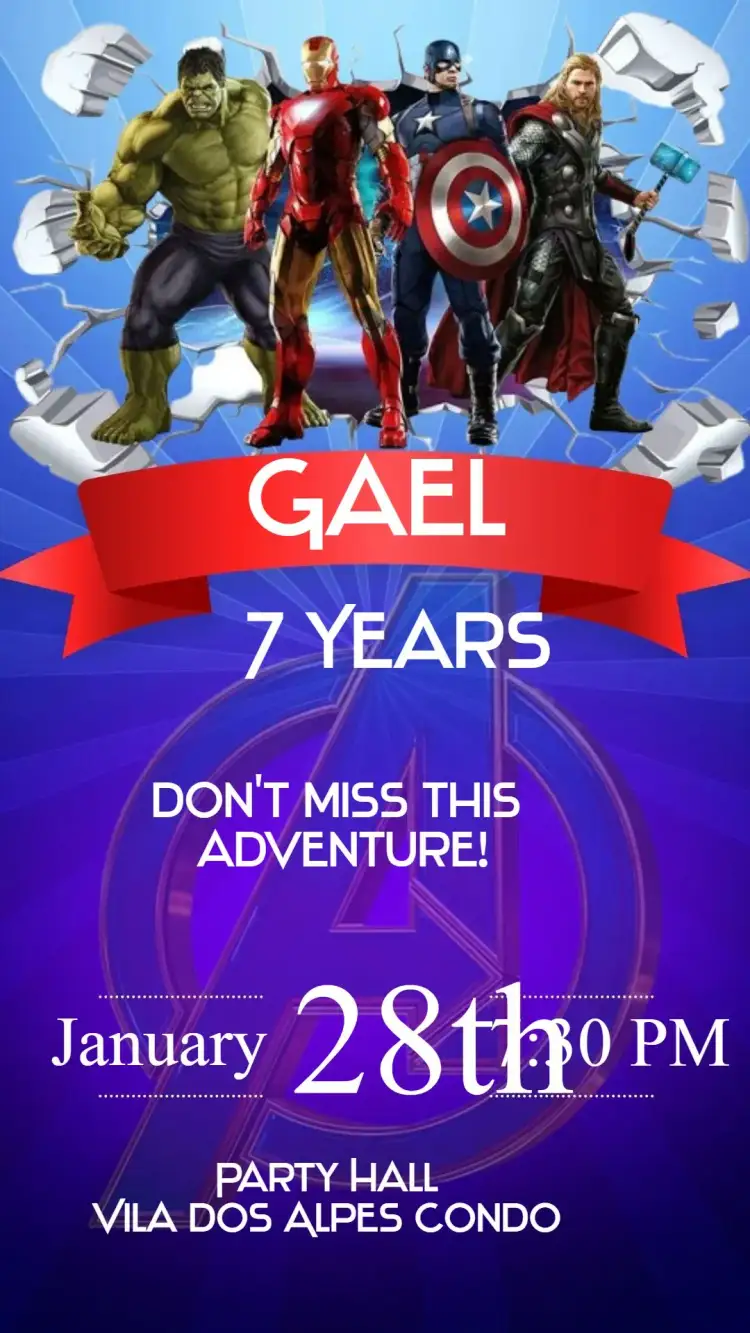 Invitation The Avengers – Kids' Birthday Party theme colorful, modern, dynamic, comic-inspired, youthful