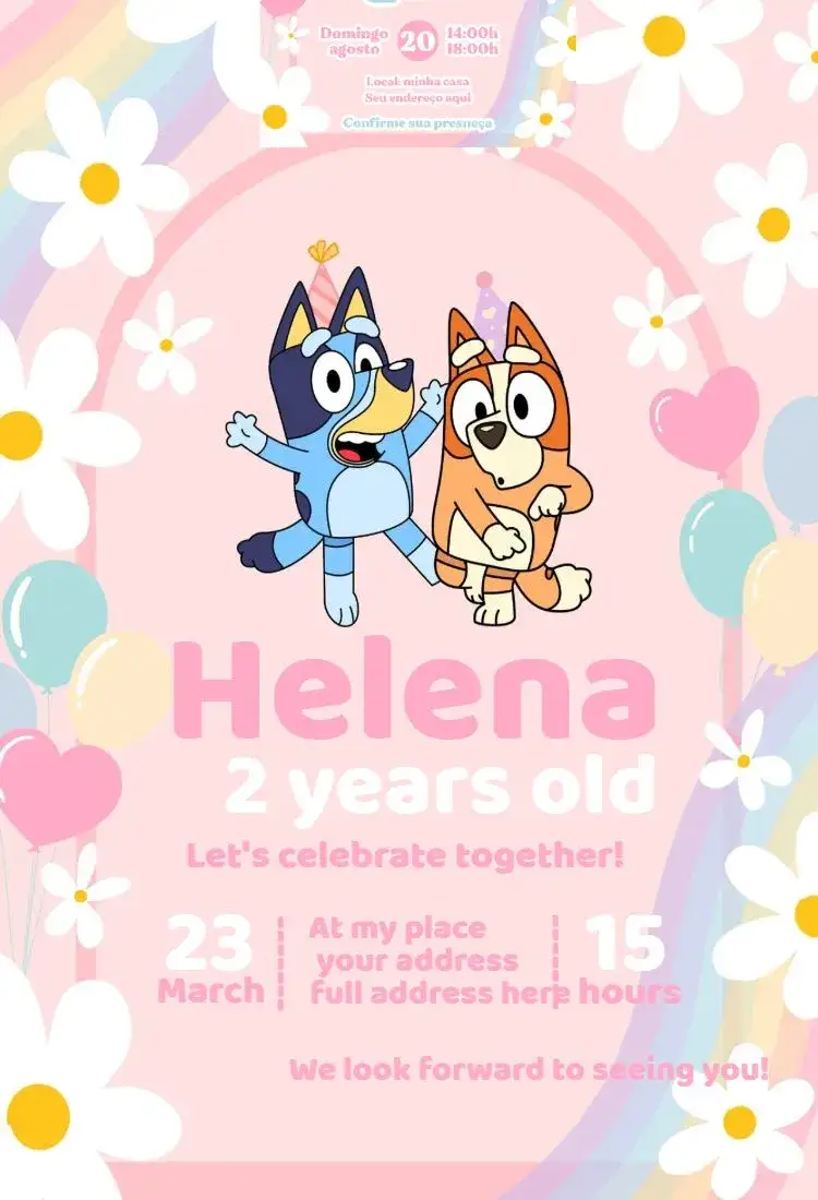 Invitation Bluey Girl 1 – Birthday theme vibrant colors, playful design, pink, childish graphic elements, fun style, cartoon-inspired