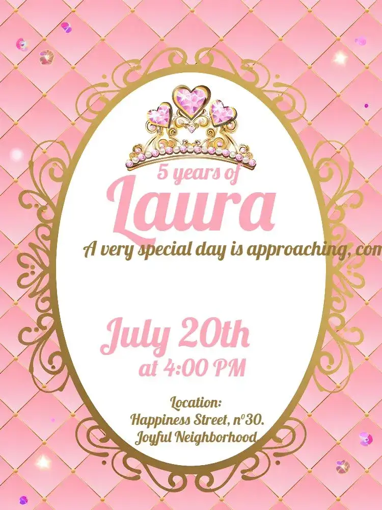 Invitation Royal Tiara – Most searched for theme pink, golden, floral, royalty, princess, magical