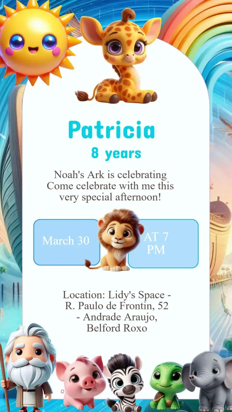 Invitation Noah's Ark Birthday Invitation – Kids' Birthday Party theme colorful, fun, playful, animal print, vibrant, childish