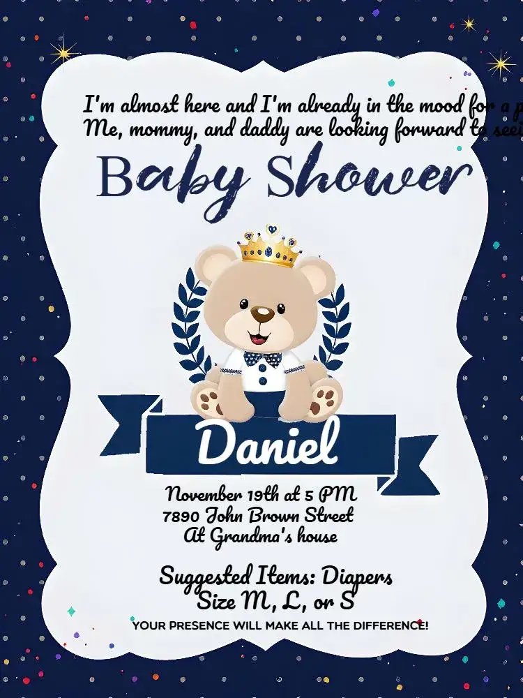 Invitation Prince Teddy Bear Baby Shower Royalty – Diaper Shower theme blue, white, teddy bear, royalty, modern, playful