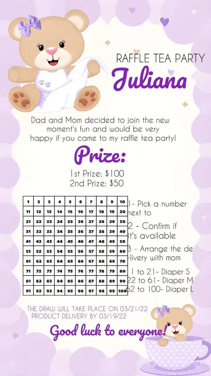 Invitation Tea Raffle Teddy Bear Numbers – Raffle Tea theme lilac, white, cute, childish, animal illustrations, modern