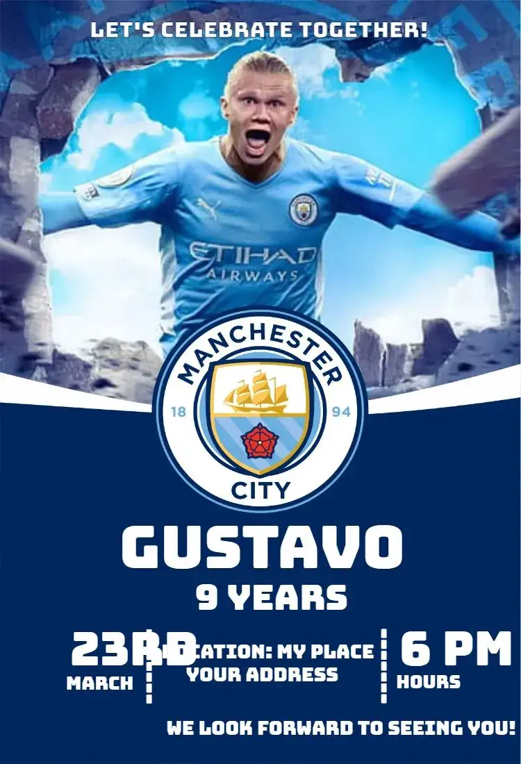Invitation Manchester City 2 – Birthday theme soccer, contemporary, dynamic, sporty, blue and white, vibrant
