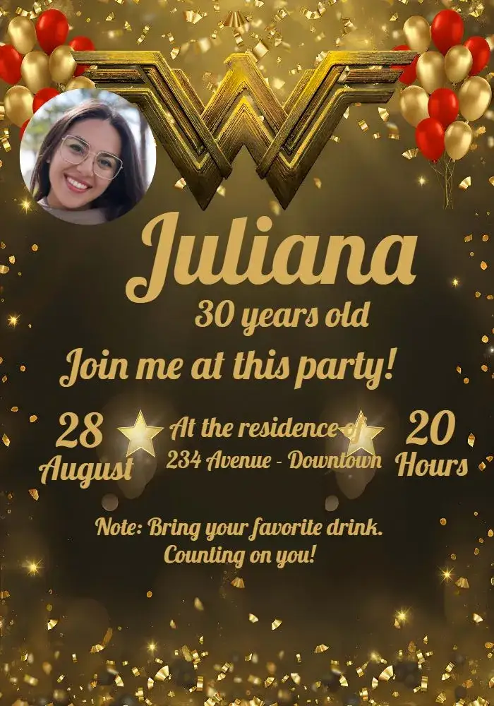 Invitation Wonder Woman With Photo Celebration – Birthday theme golden, red, black, luxury, glitter, superheroes